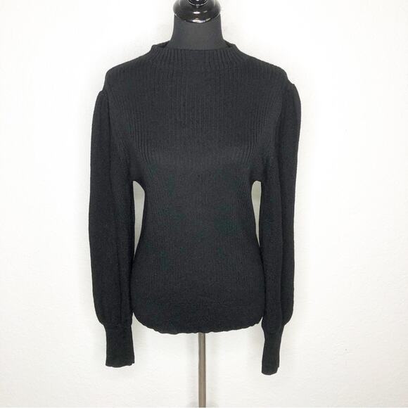 Trina Turk black mock turtleneck merino wool ribbed mixed knit sweater - Picture 1 of 14